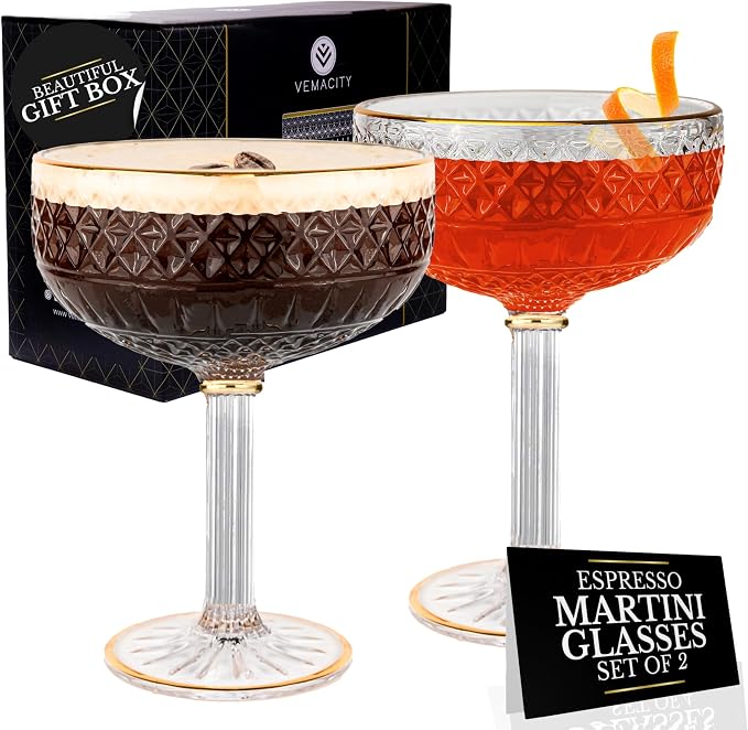 VEMACITY - Embossed Espresso Martini Glasses Set of 2 - Gold Rim Coupe Glasses by Vemacity