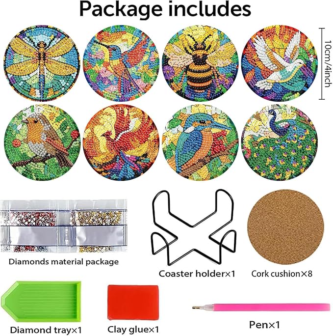 8 PCS Spring Diamond Art Coasters Kits Animals Diamond Painting Coaster | - Image 2