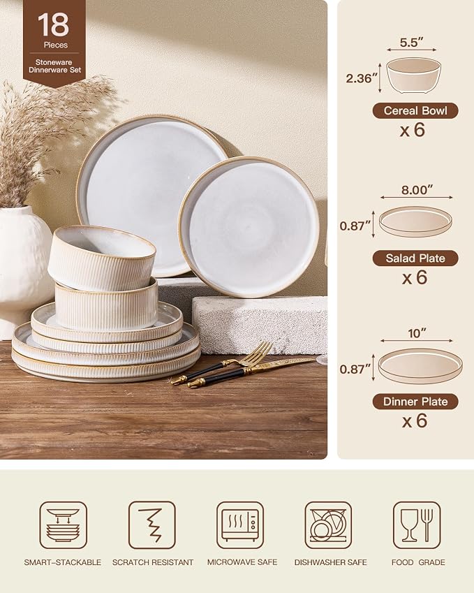 Ceramic Plates & Bowls Sets for 6, Handmade Reactive Glaze | Cappuccino White - Image 7