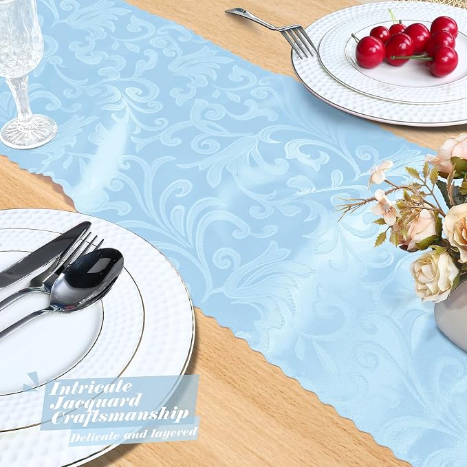 MILVOWOC 4 Pack Light Blue Satin Table Runner, 12 x 72 Inch | Jacquard Damask - Image 7