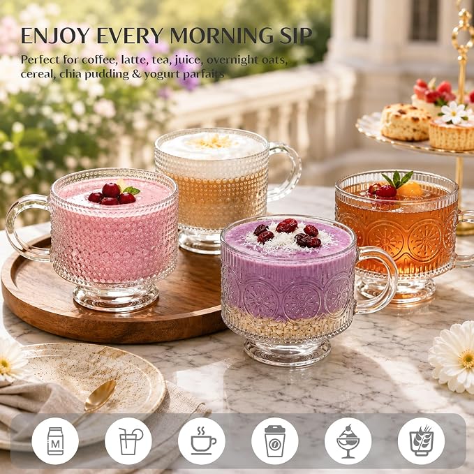 INSETLAN Vintage Glass Coffee Mugs 14 oz Set of 2, Embossed Overnight Oats - Image 2