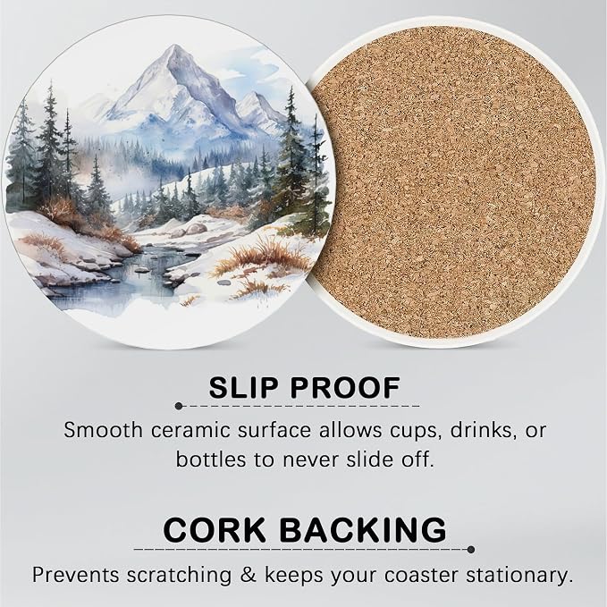 6 Pcs Drink Coasters with Holder, Mountain Landscape Watercolor Absorbent Round - Image 5