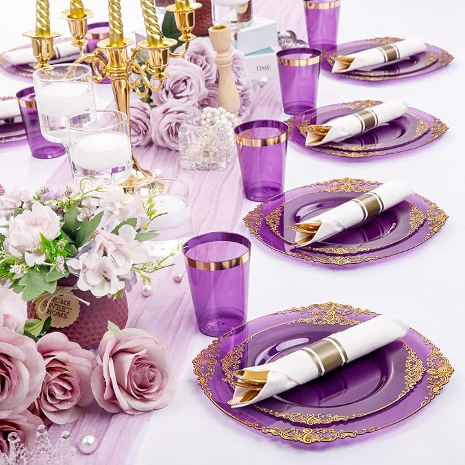 210 Pcs Purple Gold Plates for Party | Purple Party Plates Set for 30 Guests - Image 2