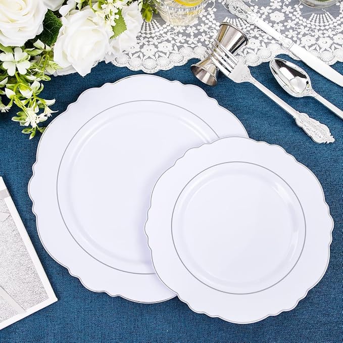 350PCS Silver Plastic Plates-Disposable White and Silver Plates 50guest Baroque - Image 5