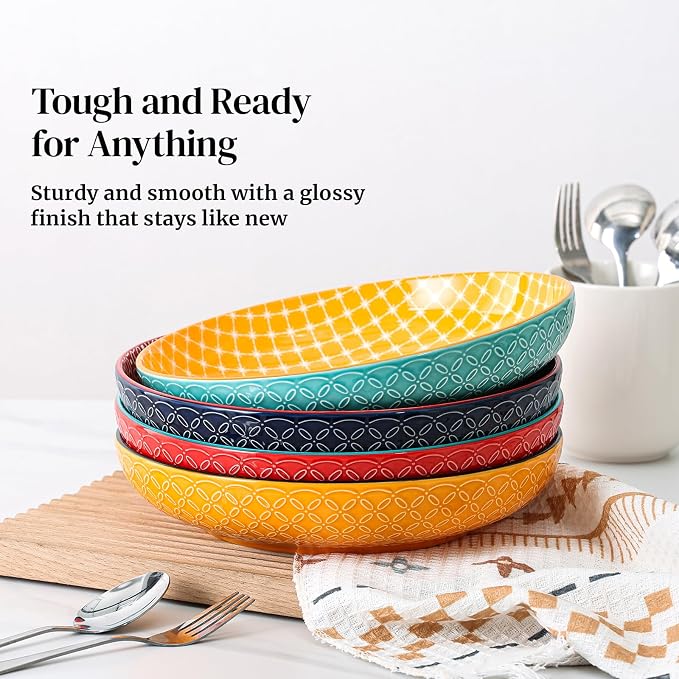 DOWAN 10" Vibrant Pasta, Salad & Soup Serving Bowls Set of 4, Embossed Large - Image 6