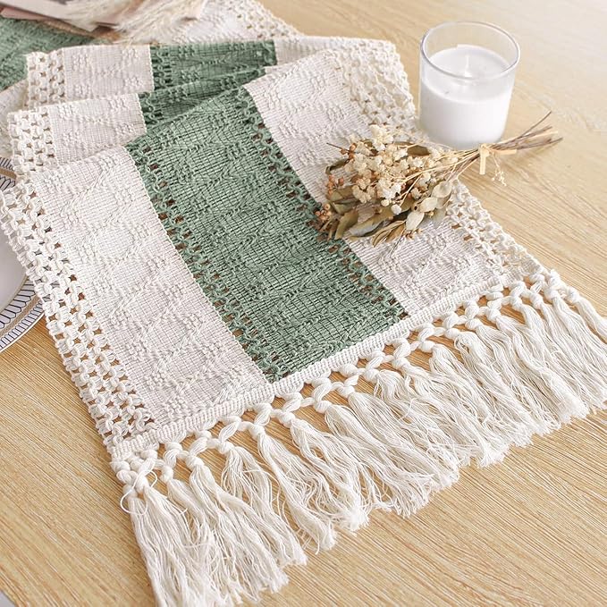 Boho Table Runner for Home Decor 12x60 Sage Green Fall Decorations | 60 Inches by FEXIA