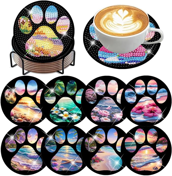ijbnhd Beach Diamond Art Coasters Kit, Dog Paw, 4X4inch | Diamond Painting by ijbnhd