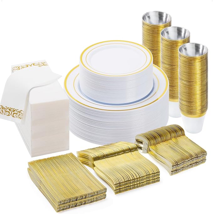 BESTVIP 350 PCS Disposable White and Gold Plastic Plates by Bestvip