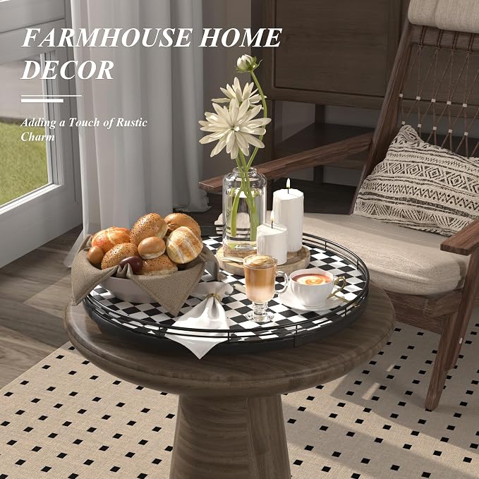 AMH 16-Inch Black and White Checkerboard Lazy Susan Decorative Tray | Smooth - Image 4