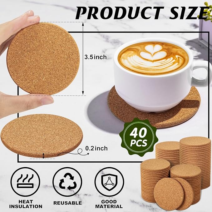 Cork Coasters Bulk for Drinks, 3.5 Inches Thick Absorbent Heat Resistant Drink - Image 2