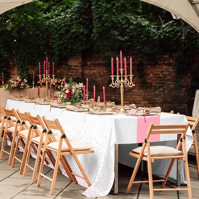 8Pack Disposable Plastic Tablecloths and Satin Table Runner Set White Pink Dot - Image 7