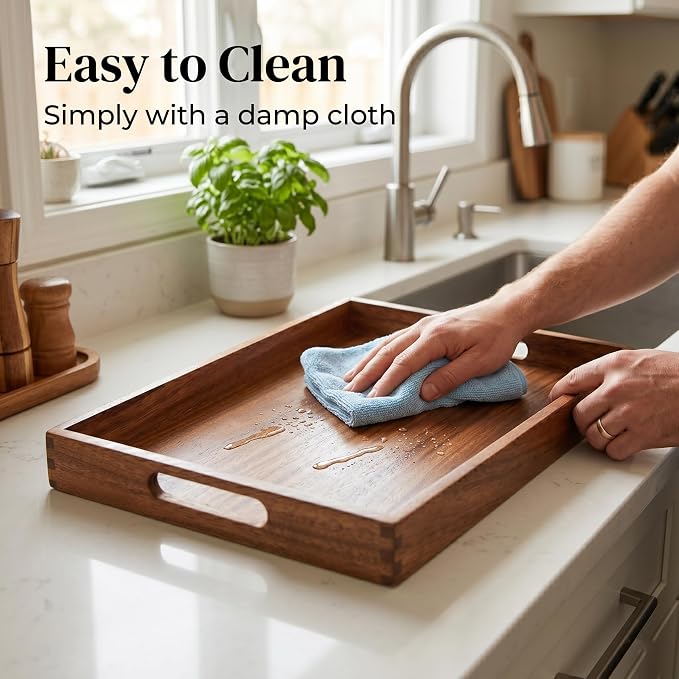 17 x 12 Inch Acacia Wood Serving Tray, Decorative Serving Platter - Image 4