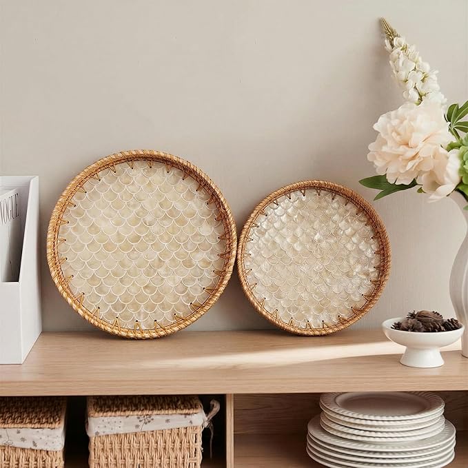 JUNGLE CULTURE Round Rattan Tray Mother of Pearl Inlay • Cascade Light 14" | - Image 3