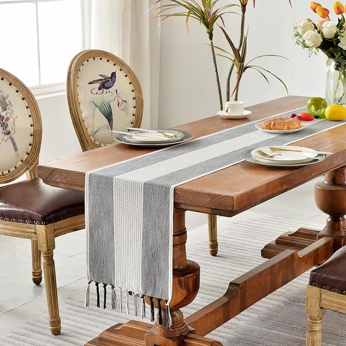 Wracra Linen Table Runner, Stripe Table Runners 108 Inches Long Black | - Image 5