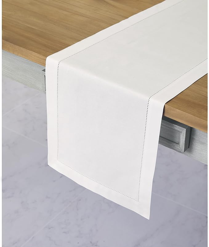 Solino Home Cotton Linen Dining Table Runner White Hemstitch, 14 x 48 in | - Image 2