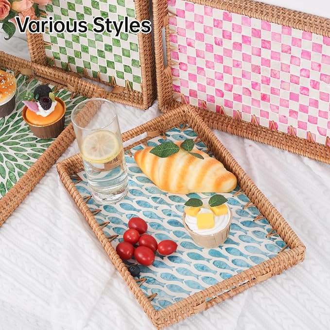 Rectangle Rattan Tray with Mother of Pearl Inlay, Rattan Serving Tray with - Image 4