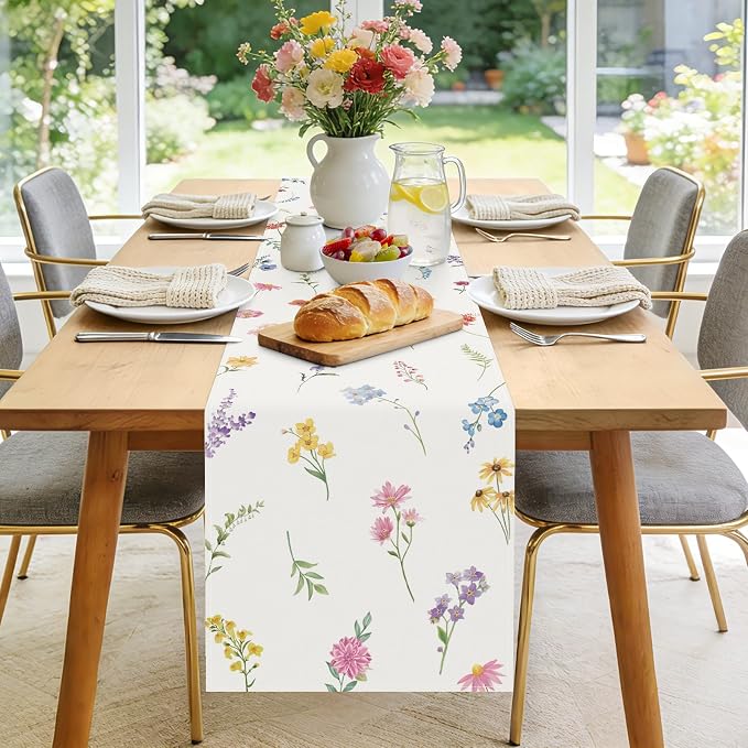 Bonhause Spring Floral Leaves Table Runner 13x72 Inch Colorful Wildflowers - Image 2