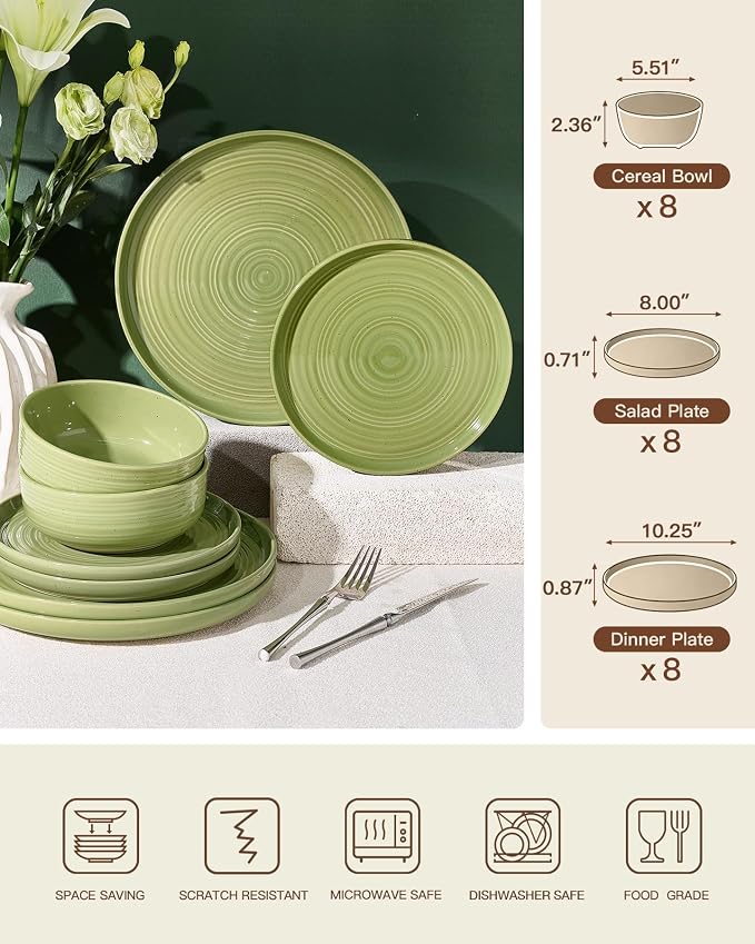 Dinnerware Sest for 8, Ceramic Plates & Bowls, Olive Green | 24-Piece Ceramic - Image 6