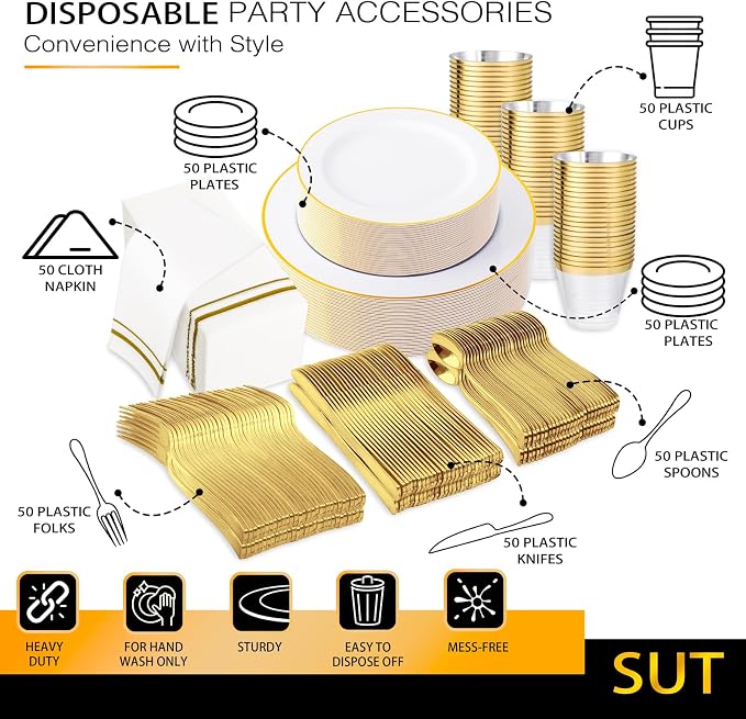 SUT 350 PCS Elegant White and Gold Disposable Dinnerware Set - Image 5