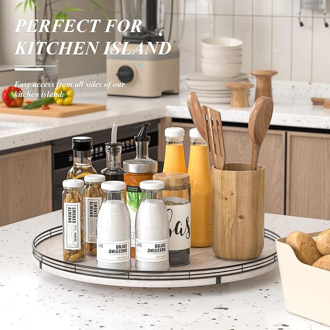 AMH 21-Inch Whitewashed Farmhouse Wooden Lazy Susan Organizer | Smooth rotating - Image 2