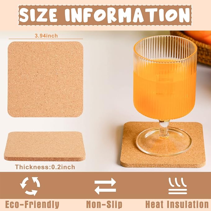 Didaey 200 Pcs Cork Coaster for Drink 4 Inch Absorbent Blank Wooden Thick - Image 2