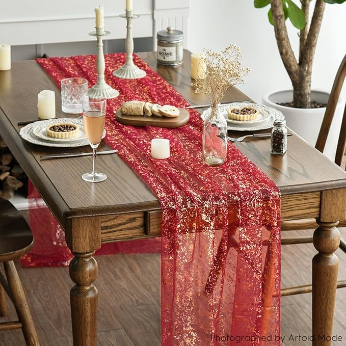 Artoid Mode 6PCS Red Gold Gauze Table Runner 120 Inch 10FT, Glitter Metallic - Image 3