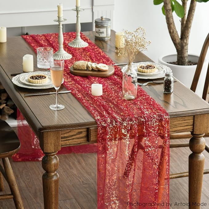 Artoid Mode 3PCS Red Gold Gauze Table Runner 120 Inch 10FT, Glitter Metallic - Image 3