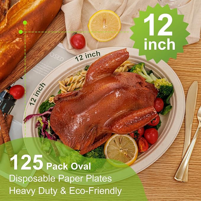 WELLIFE 100% Compostable Oval Paper Plates 12 Inch 125-Pack Large Plates | - Image 3