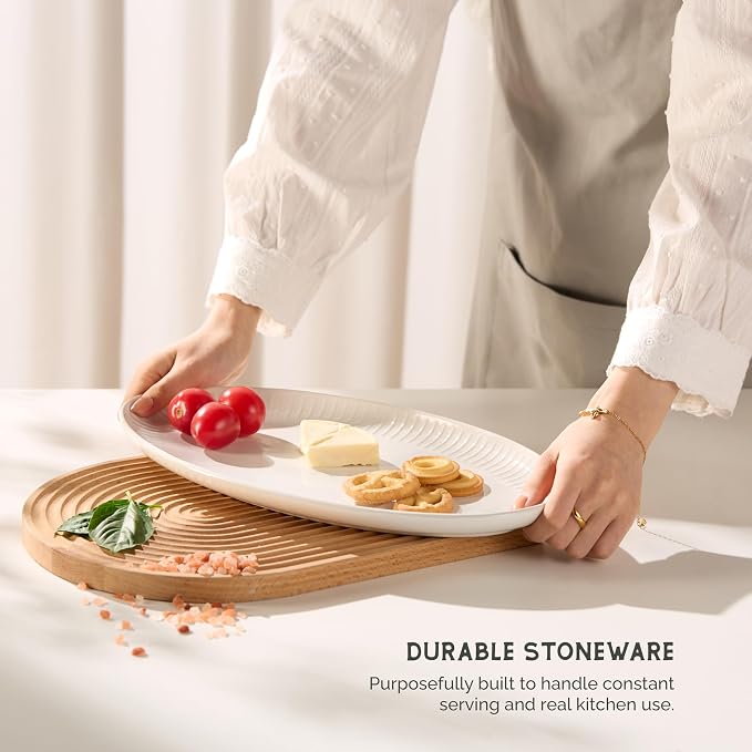 Serving Dishes, Durable Ceramic Platters, Ribbed Rim, Microwave and Dishwasher - Image 4