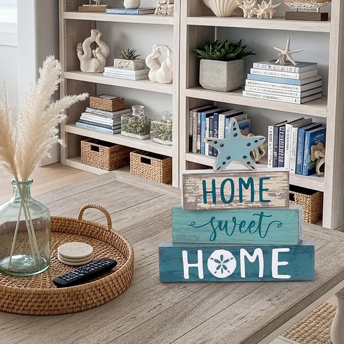 Cinnvoice 4 Pcs Beach Summer Starfish Wooden Block Decor Coastal Farmhouse - Image 6