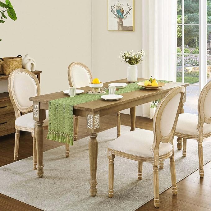 Macrame Style Boho Table Runner, 12x36 Inch Green | Woven Boho Table Runner - Image 3