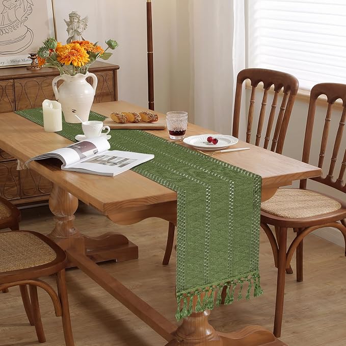 Sage Green Boho Table Runner for Home Decor 108 Inches Long - Image 7