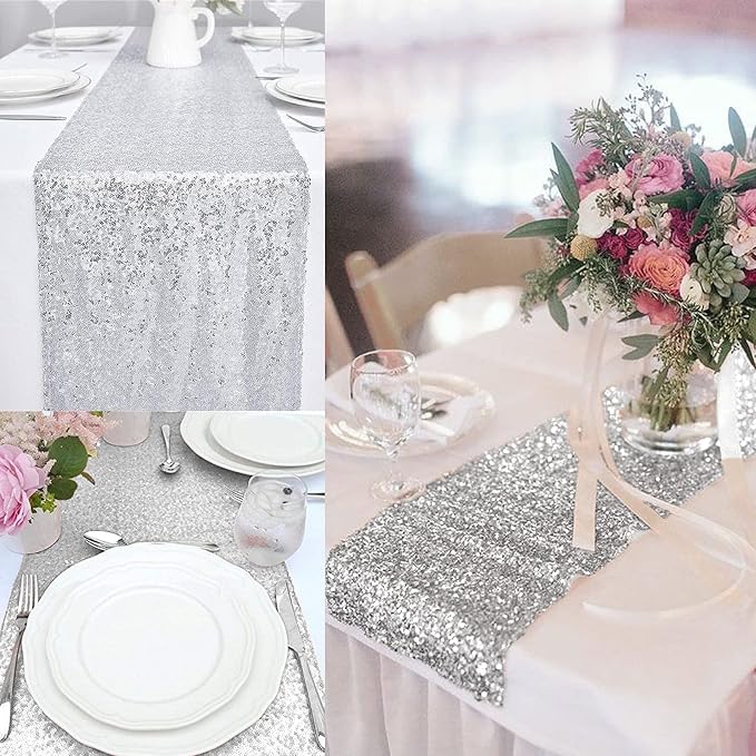 12 Packs 12 X 108 Inch Silver Sequin Table Runner Glitter Dining Table Runner - Image 9