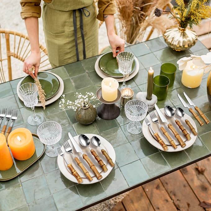 Eboot Bamboo Silverware Set 18/8 Stainless Steel Tableware Set Natural Utensil - Image 7