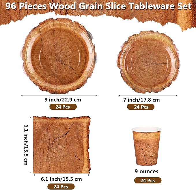 Kochorie 96 Pieces Wood Grain Slice Tableware Sets Rustic Wood Party Supplies - Image 2