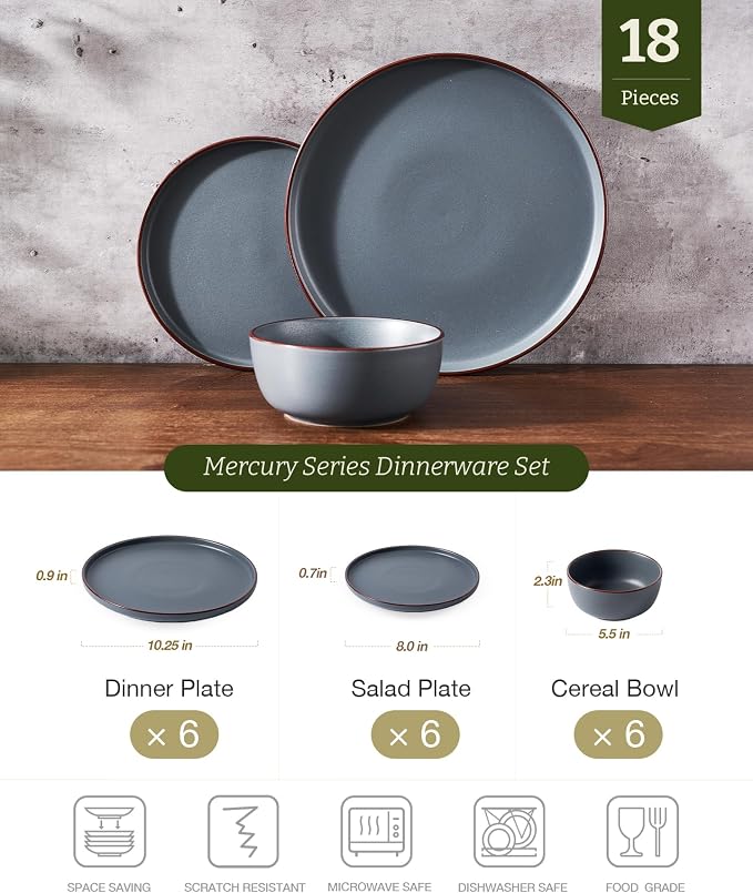 Famiware Mercury 18-Piece Stoneware Dinnerware Set, Charcoal | Plates and Bowls - Image 2