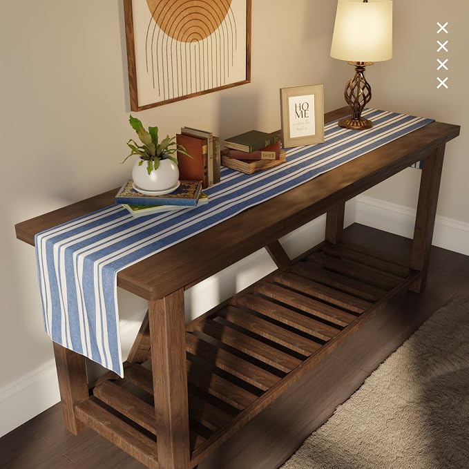 Encasa XO Table Runner, Woven Cotton Dining Runner 13"x91" Franca Blue Stripes - Image 2