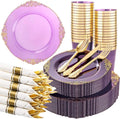 210 Pcs Purple Gold Plates for Party | Purple Party Plates Set for 30 Guests by Hioasis