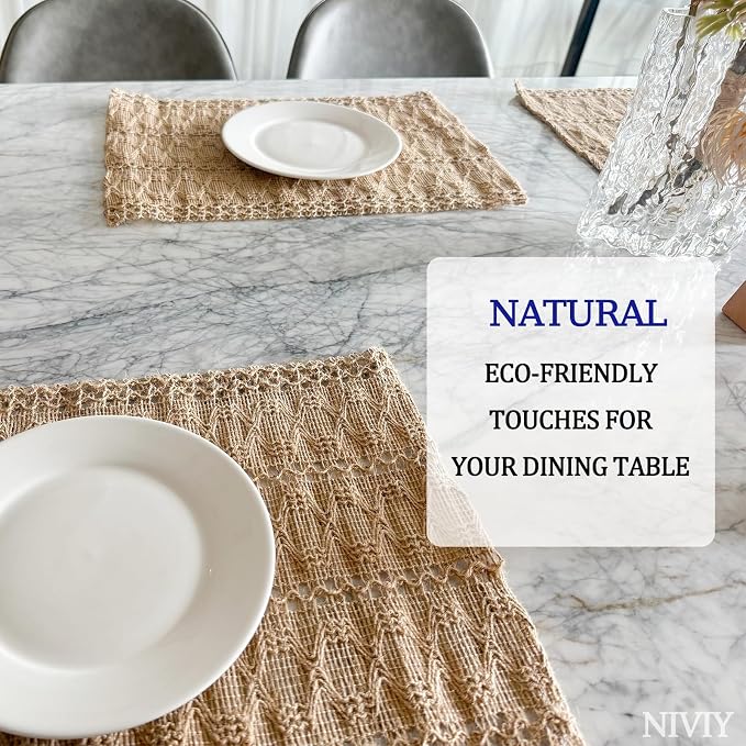 Burlap Placemats Set of 6, 12x18 Inch Natural Cotton Jute and Kitchen Woven - Image 3
