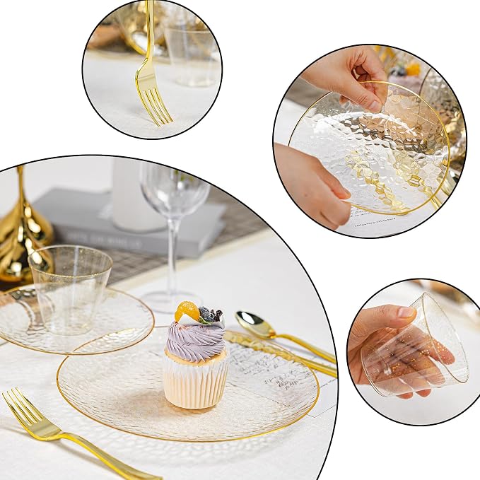 HOMIP 175PCS Clear Gold Glilter Plastic Dinnerware Set, Prerolled Silverware | - Image 4