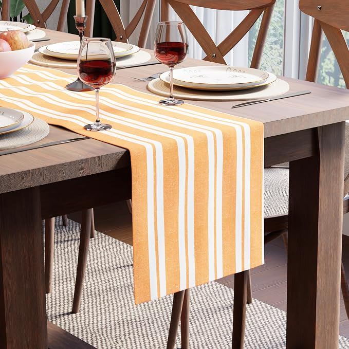 Encasa XO Table Runner, Woven Cotton Dining Runner 13"x59" Franca Yellow Stripes by EncasaXO