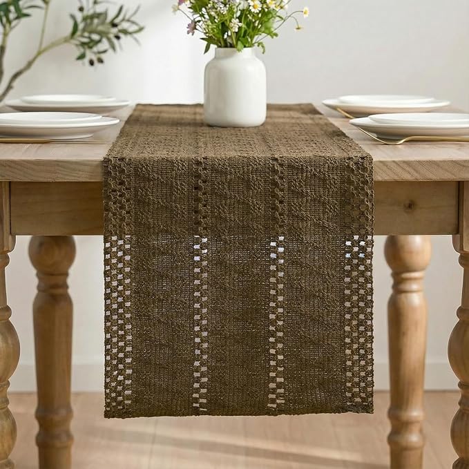 Artoid Mode Coffee Woven Farmhouse Hollow Table Runner 12x72 Inch | Holiday - Image 3
