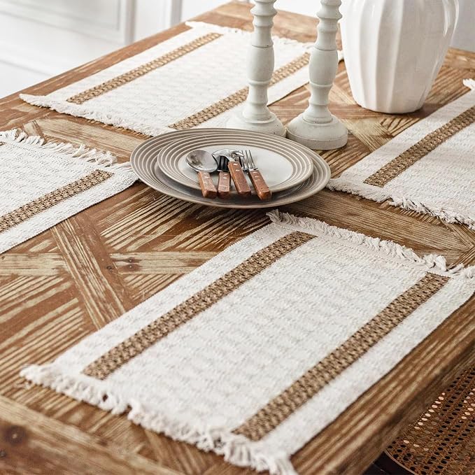 Boho Placemats Set of 12, 12x18 Inch Natural Cotton Burlap and Kitchen Woven - Image 6