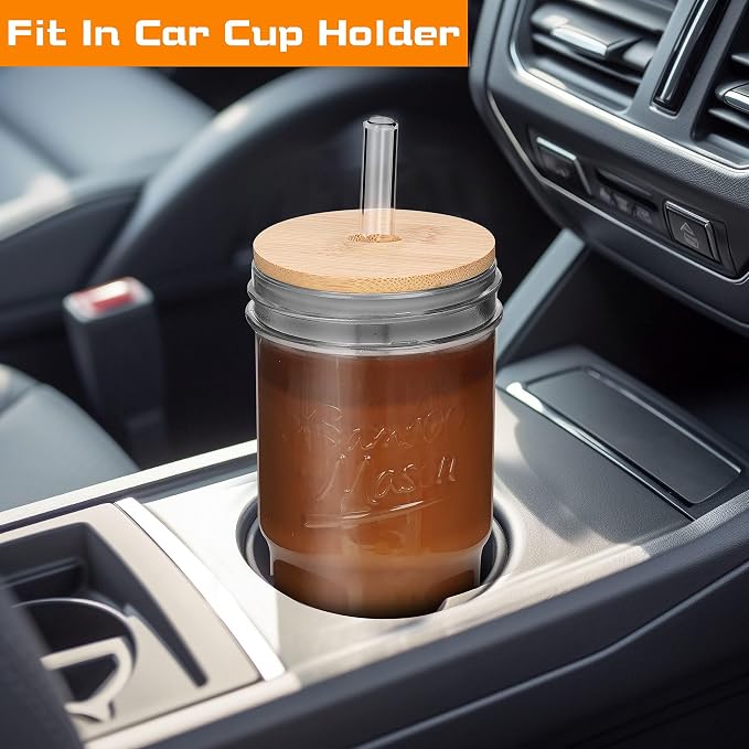ANOTION Glass Cups with Lids and Straws 4 Packs, 24oz Travel Coffee Mug Bamboo - Image 3