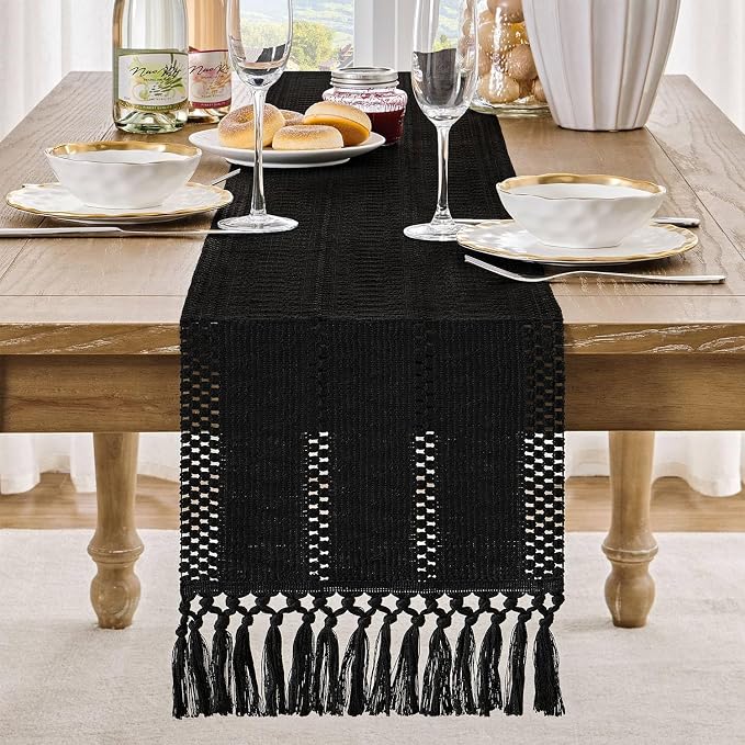 Macrame Style Boho Table Runner, 12x60 Inch Black | Woven Boho Table Runner - Image 2