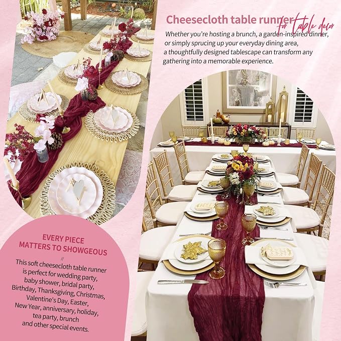 4 Pack Cheesecloth Table Runner 10FT Burgundy Red Table Runner Boho Gauze - Image 8