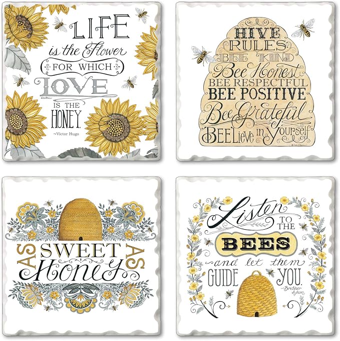 Thirstystone Honey Bees 4 Pack Assorted Tumbled Tile Stone Coasters | 4" Square by CounterArt