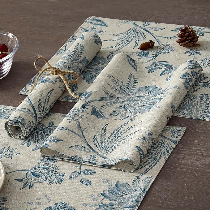 JINCHAN Sliva Linen Floral Placemats Set of 4 Farmhouse 13x19 Inch Blue | - Image 4