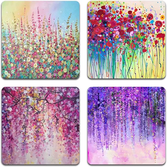 Colorful Watercolor Flowers Square Coaster Set of 4-Made of Recycled Rubber by QJ+CMJ
