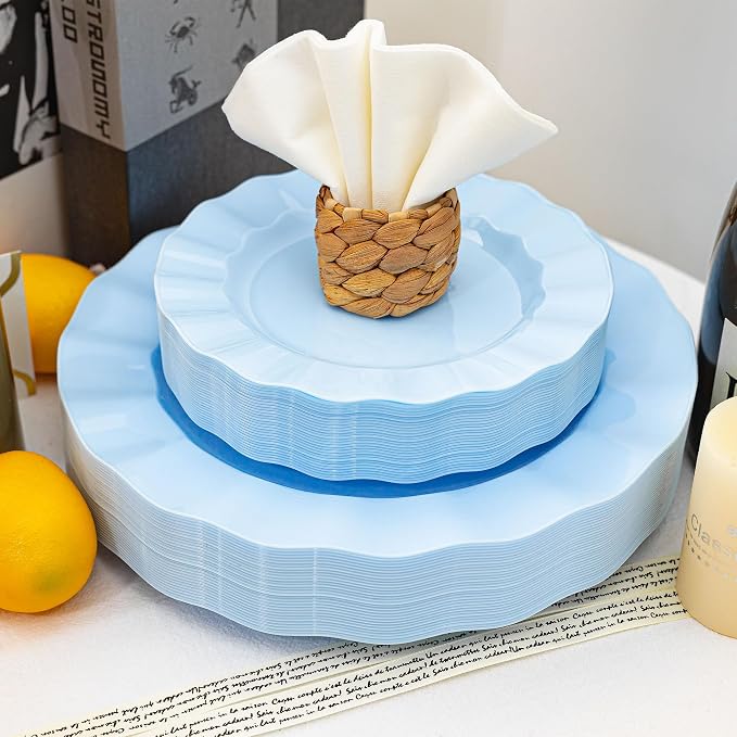 60 Pcs Blue Plates, Wave Edge Design Disposable Plastic Plates | Disposable - Image 4